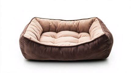 brown and beige plush dog bed isolated on white background