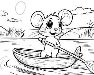 Naklejka premium Happy Mouse Rowing a Boat in a Cartoonish River Scene