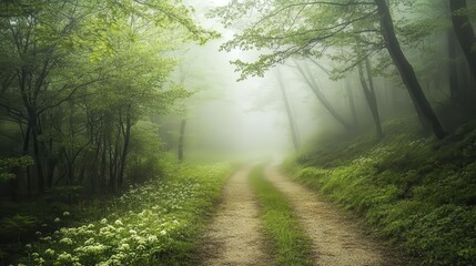 Obraz premium Forest background image showing a misty forest path leading into the distance, surrounded by tall trees and lush foliage