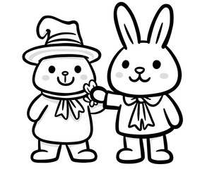 Obraz premium Cute Cartoon Characters of a Bunny and a Bear in Black and White