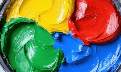 Vibrant colors of yellow, red, green, and blue paint swirled together in a circular container