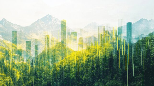 Vibrant double exposure of financial charts merging with lush mountain landscapes and urban skyline - Powered by Adobe