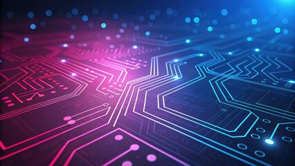 Abstract digital circuit design with glowing pink and blue neon grid lines, soft bokeh effects, and futuristic ambiance. Ideal for data transfer and modern technology concepts