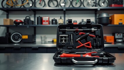 Bike toolkit, Metal shelves with bike accessories toolkit open on table photorealistic.