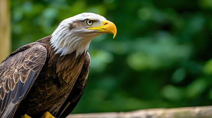 Obraz premium Bald Eagle Perched in a Natural Setting with Lush Green Background