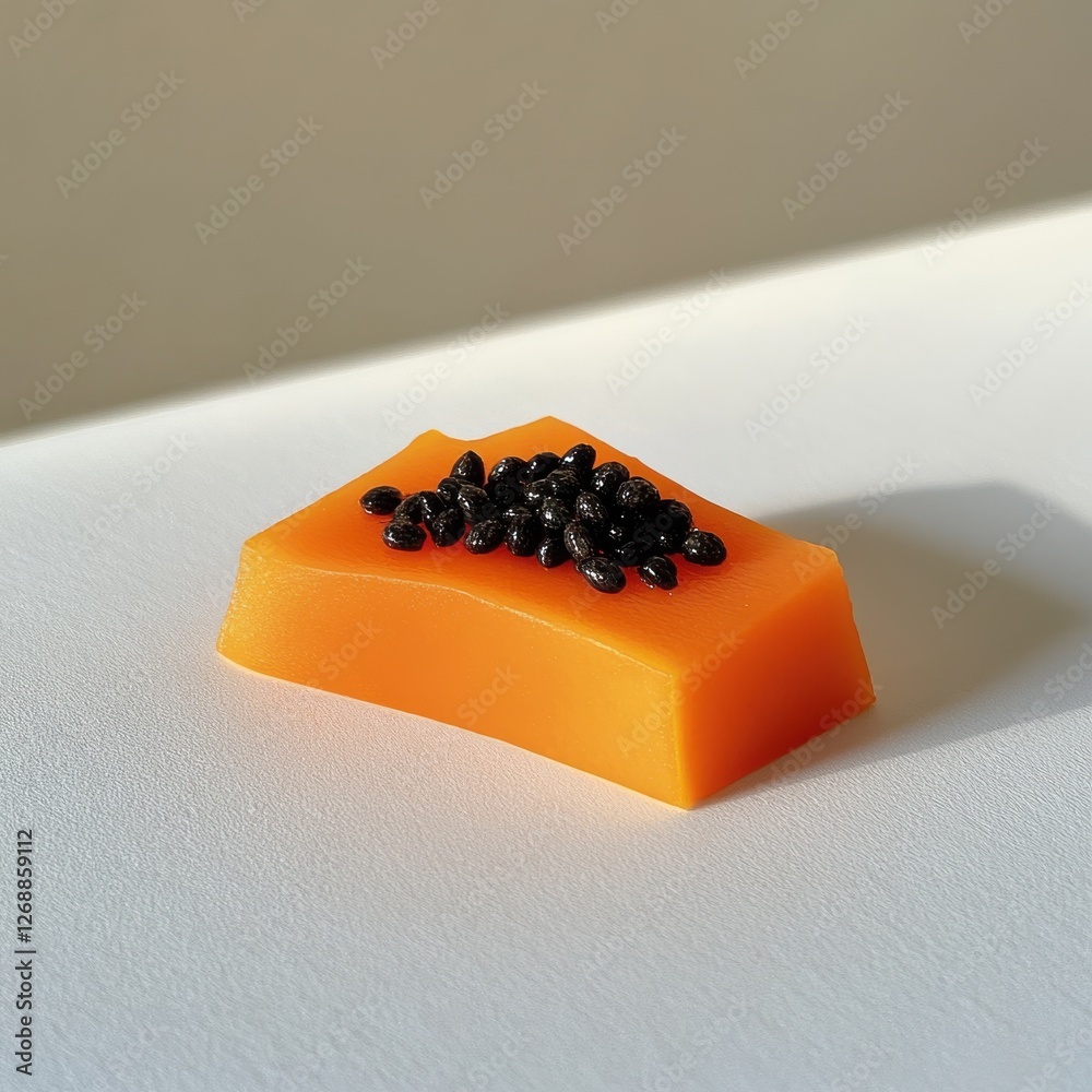 Poster fresh papaya slice with black seeds on a clean surface showcasing vibrant orange color and smooth te