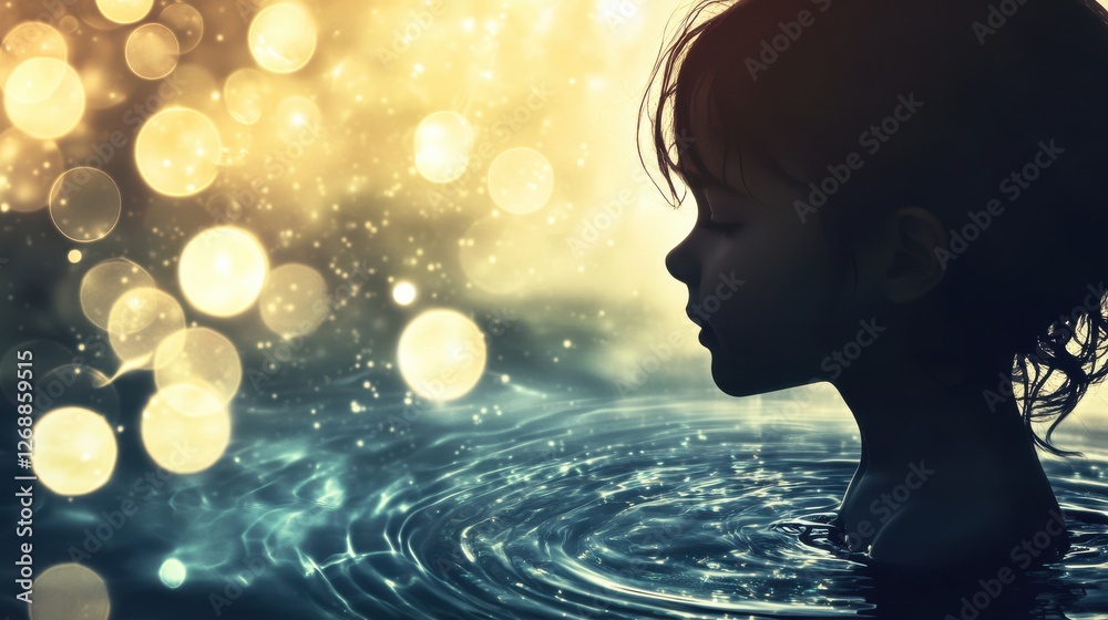 Poster serene child reflecting joy and tranquility in a luminous water setting at twilight