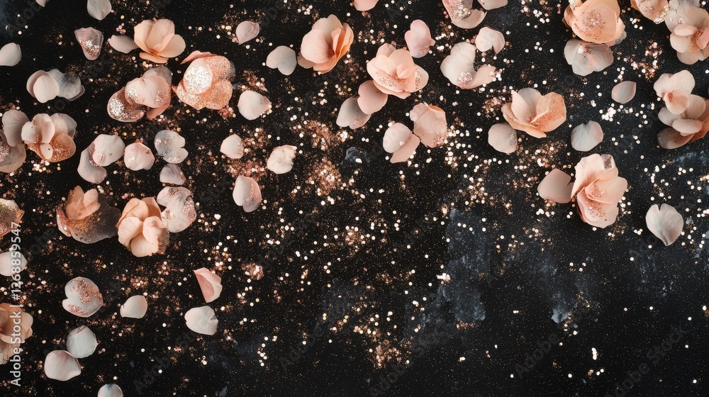 Poster Soft petals and shimmering particles create an enchanting display on a dark backdrop, evoking a magical atmosphere of tranquility