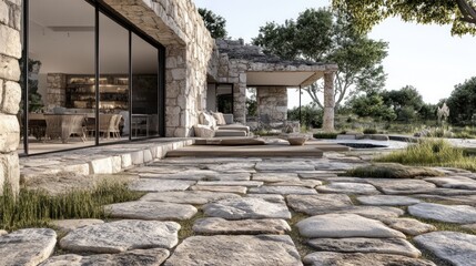 A modern stone house with a patio surrounded by greenery and a tranquil landscape.
