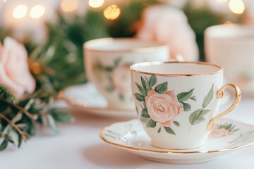 Fototapeta premium Romantic caf setting with vintage china teacups and inviting ambiance perfect for intimate gatherings or afternoon tea