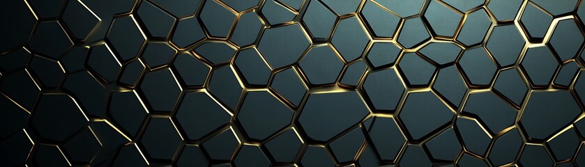 Obraz premium A stylish abstract background featuring a pattern of hexagonal shapes in dark tones with a touch of golden highlights. This modern design is perfect for tech and creative projects.