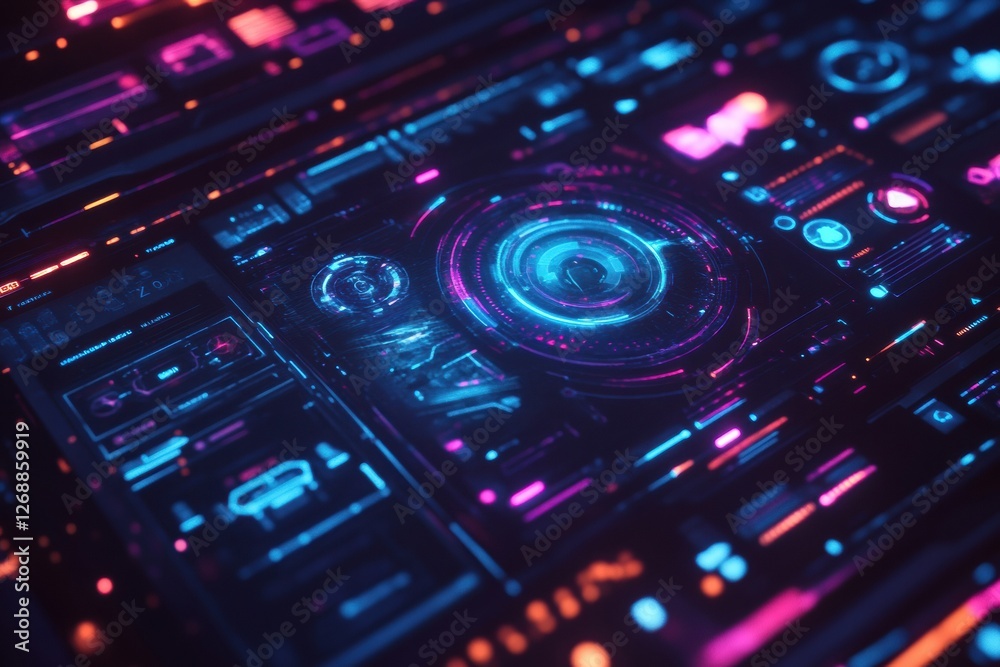 Poster Futuristic digital interface with vibrant neon colors and intricate patterns in a technology setting. Generative AI