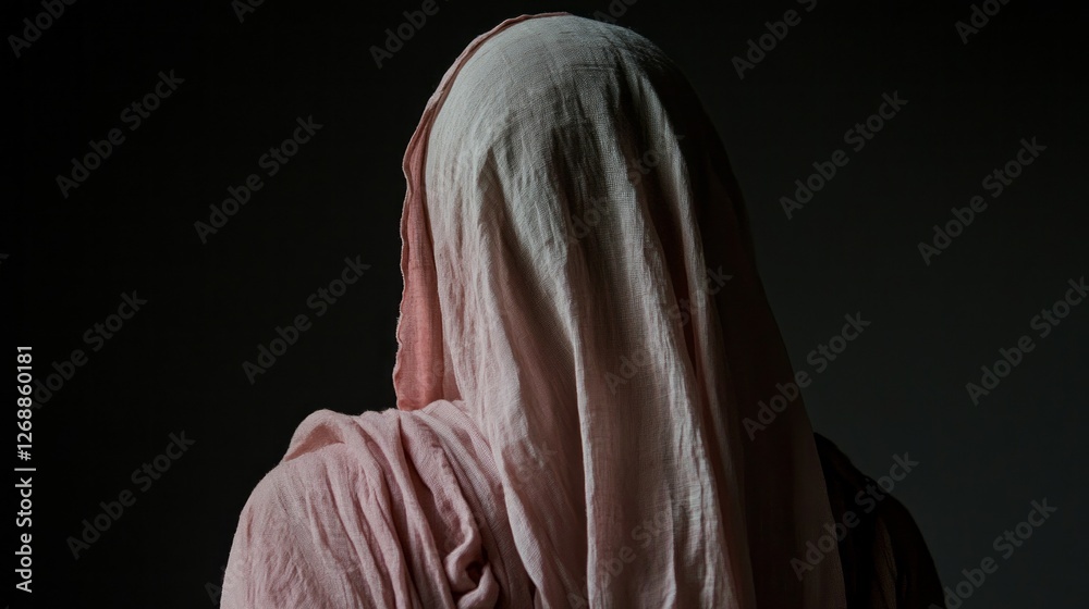 Poster a mysterious figure wrapped in soft, pale pink fabric stands silently in an understated room. the am