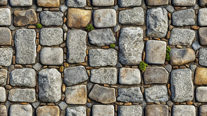 Obraz premium Seamless gray cobblestone wall or road background texture. Tileable grungy natural rock and stone shaped path background texture.