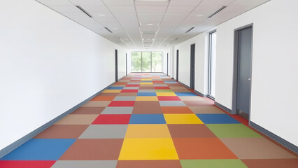 Colorful Office Hallway with Geometric Carpet Tiles and Bright Lighting - Modern and Vibrant Workspace Design