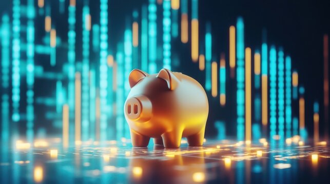 Piggy bank stands on digital background with virtual financial data and glowing charts illustrating modern economics - Powered by Adobe