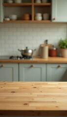 Empty tabletop, out-of-focus kitchen backdrop, minimal, simple