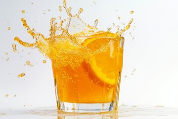 Orange drink splash in glass, studio shot