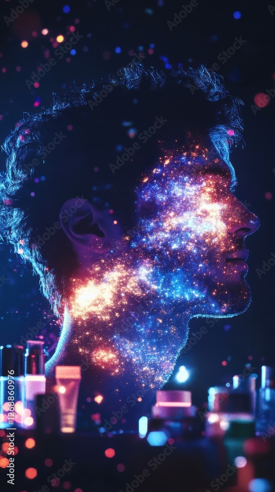 Aufkleber Mystical silhouette of a man illuminated by cosmic colors at a creative display