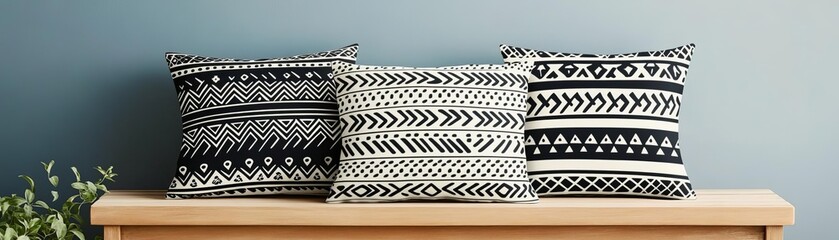 Artistic tribal-print pillows in black and white, styled on a natural wood outdoor bench
