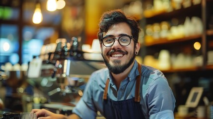 Obraz premium Bearded man wearing glasses and apron standing in a coffee shop, smiling at the camera.