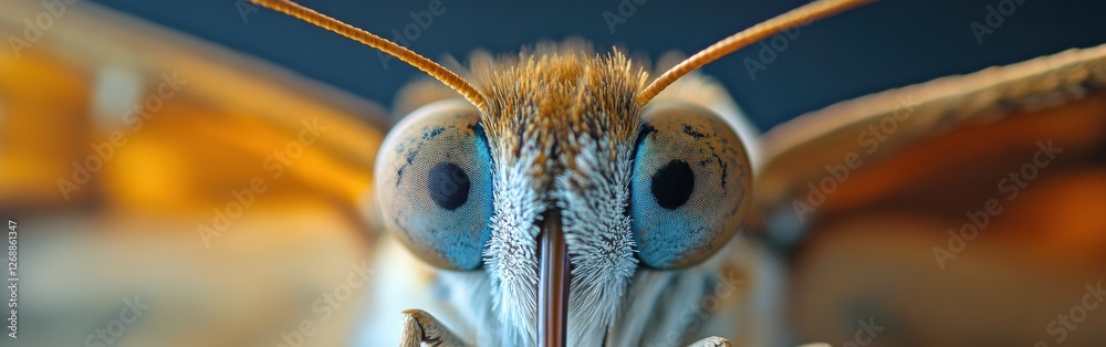 Poster close-up view of a butterfly’s face showcasing intricate details and vibrant colors in natural light