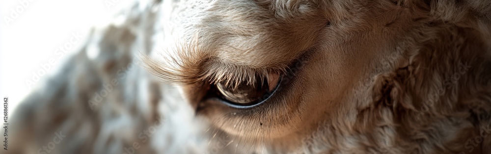 Poster close-up view of a camel's eye showcasing intricate details and textures in a desert setting during 