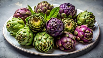 Fototapeta premium Fresh Artichokes on a White Plate with Mint Leaves Background