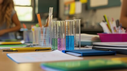 Students conduct hands-on chemistry experiments with colorful solutions in a science classroom
