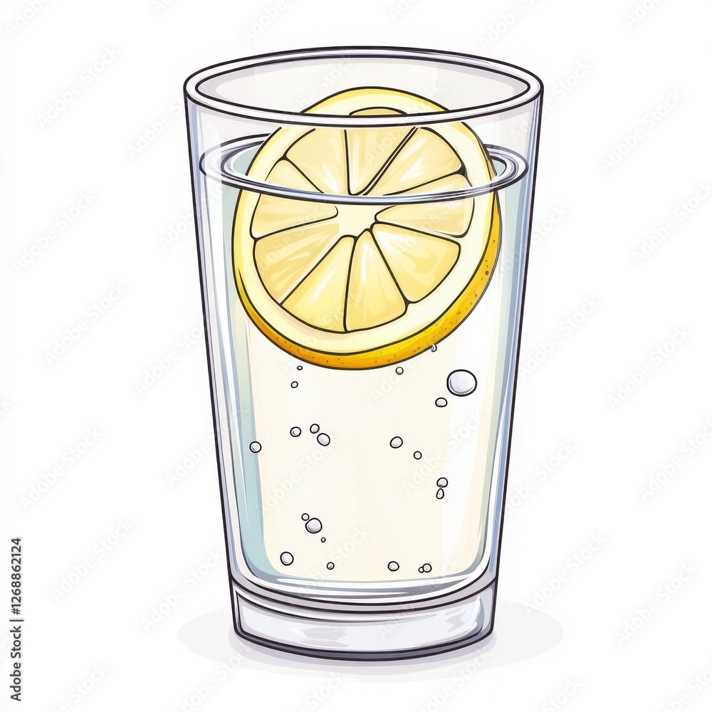Poster refreshing sparkling water served in a clear glass with a slice of lemon garnishing the rim on a war