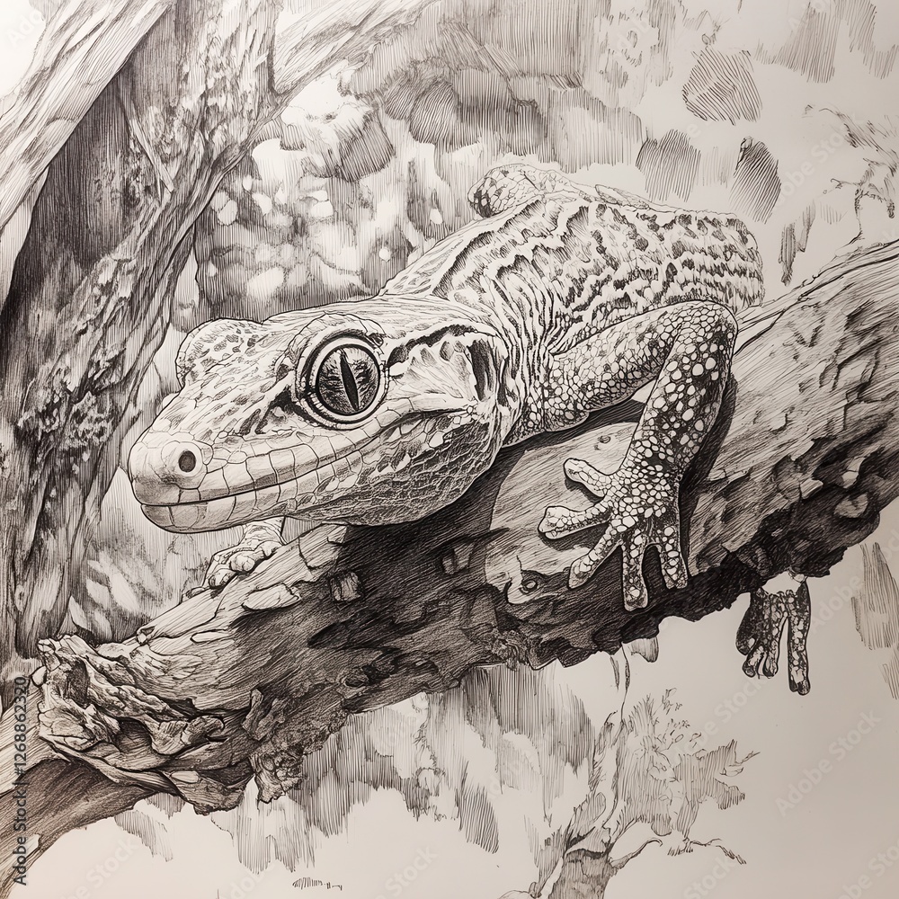 Poster gecko blends seamlessly into its surroundings while perched on a branch in a vibrant habitat
