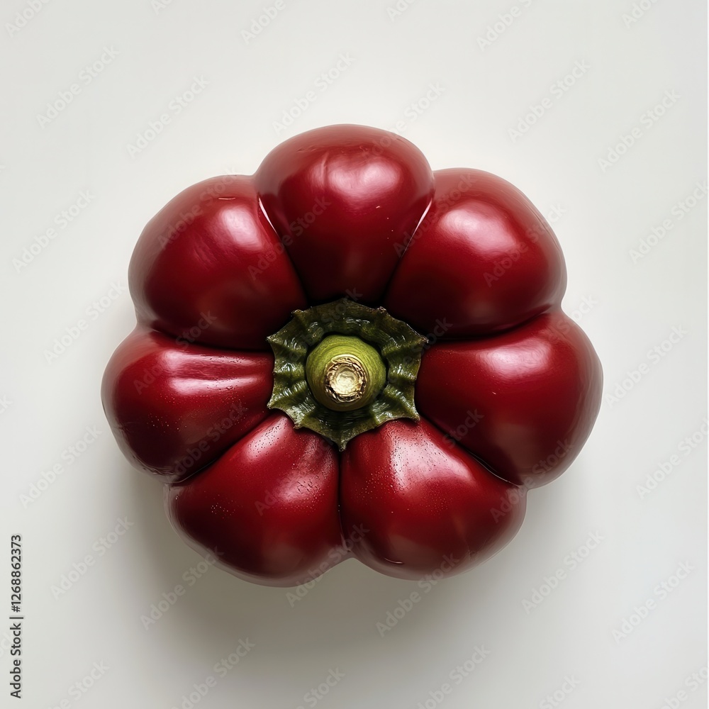 Poster glossy red bell pepper rests on a white surface showcasing its vibrant color and smooth texture