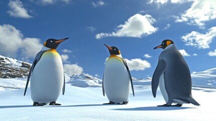 Fototapeta premium Three penguins standing on snow under a blue sky with clouds.