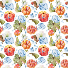 Cloudberry raspberry flying in water splashes with drops, hand drawn in watercolor, ripe red forest berry and leaves. Seamless pattern tile illustration. Restaurant, cafe menu, wedding, farmers market