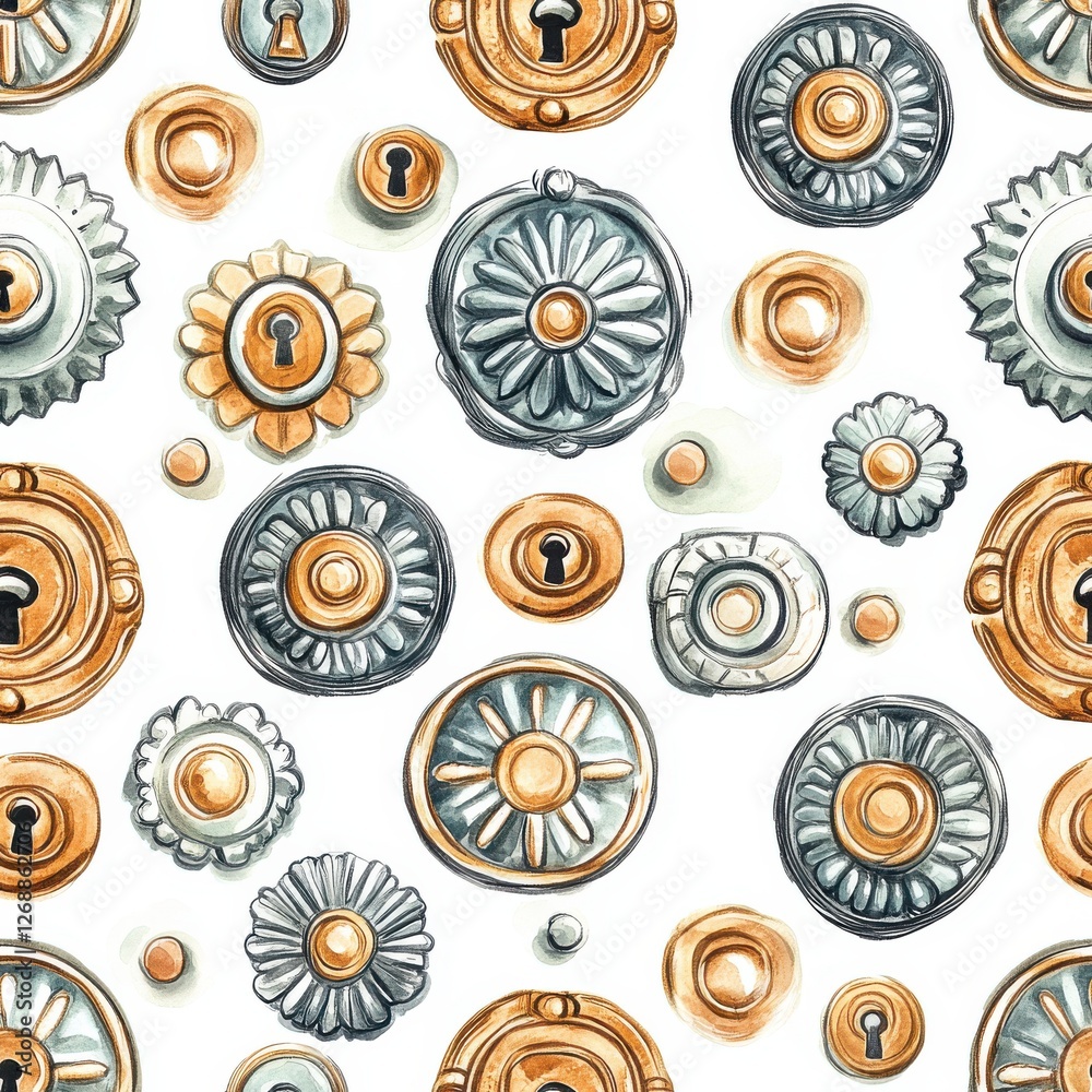 Poster Dynamic watercolor doodle design featuring various ornamental locks and keys in an artistic arrangement
