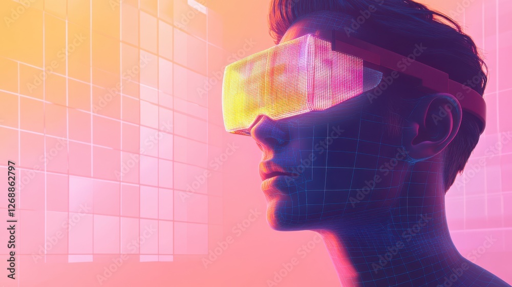 Fototapete Dynamic display of a man's profile immersed in virtual reality with a vibrant background