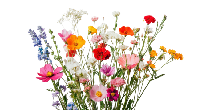 Colorful wildflowers bouquet blooming on transparent background
