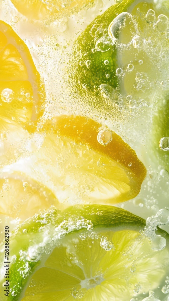 Poster Bubbles rise as fresh lime and lemon slices float in a vibrant lime green background, creating a refreshing summer vibe