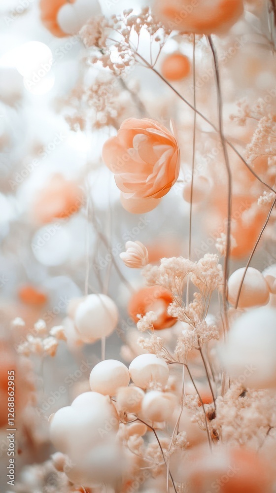 Poster dreamy floral arrangement with soft cream and pale coral colors creating a serene atmosphere in a br