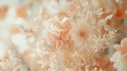 Dreamy floral arrangement with soft cream and pale coral hues in a delicate setting