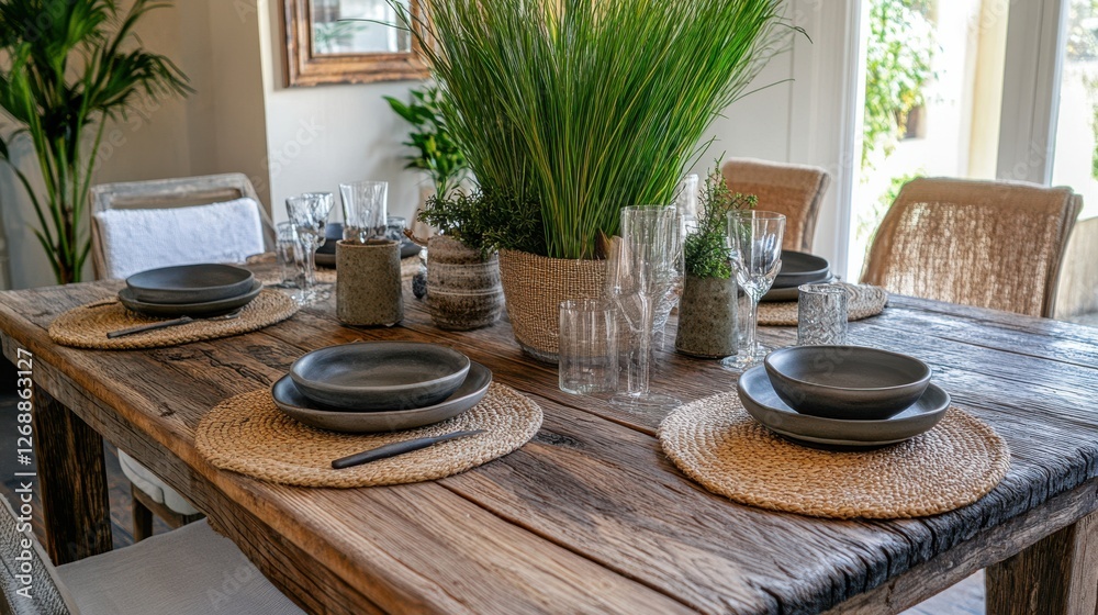 Poster elegant dining area featuring a reclaimed wood table with natural decor and rustic charm in a bright