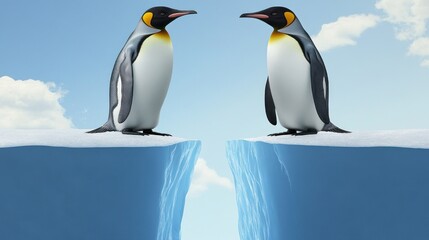Naklejka premium Two penguins stand on opposite sides of a crack in an ice formation.