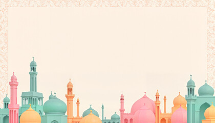 Colorful architectural elements with domes and minarets on a light background with copy space

