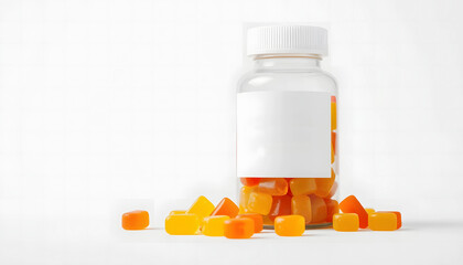 White bottle of gummy vitamins with assorted colors - Ideal for health and wellness themes