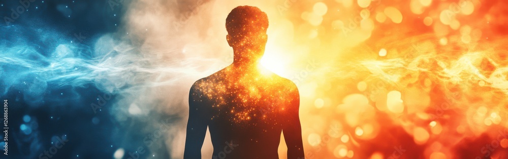 Fototapete conceptual representation of a glowing man standing between contrasting elements of light in a vibra
