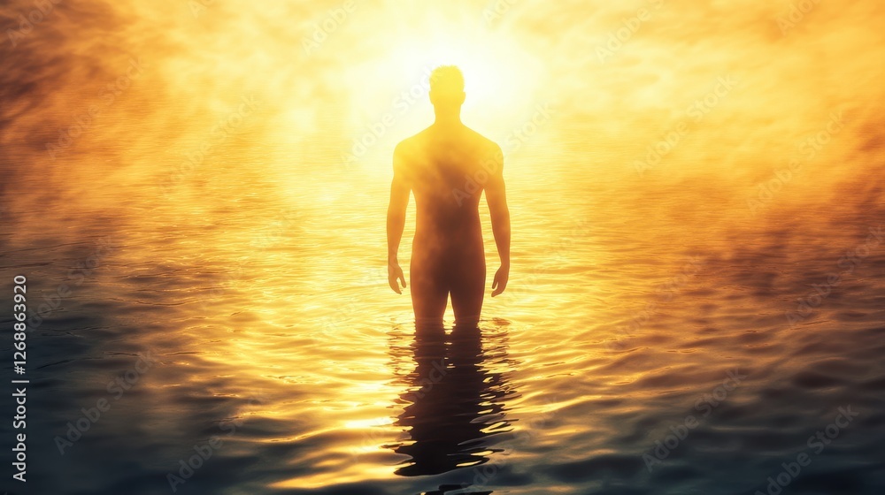 Aufkleber man standing in golden water with glowing light at dawn in a tranquil atmosphere
