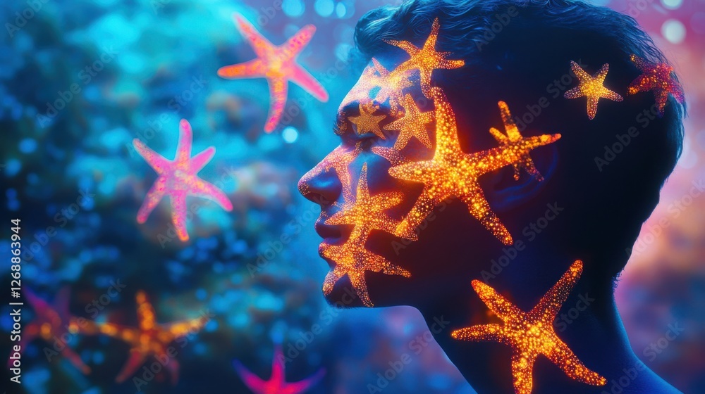 Leinwandbilder man with glowing starfish patterns on his face against a shimmering blue background in a surreal env