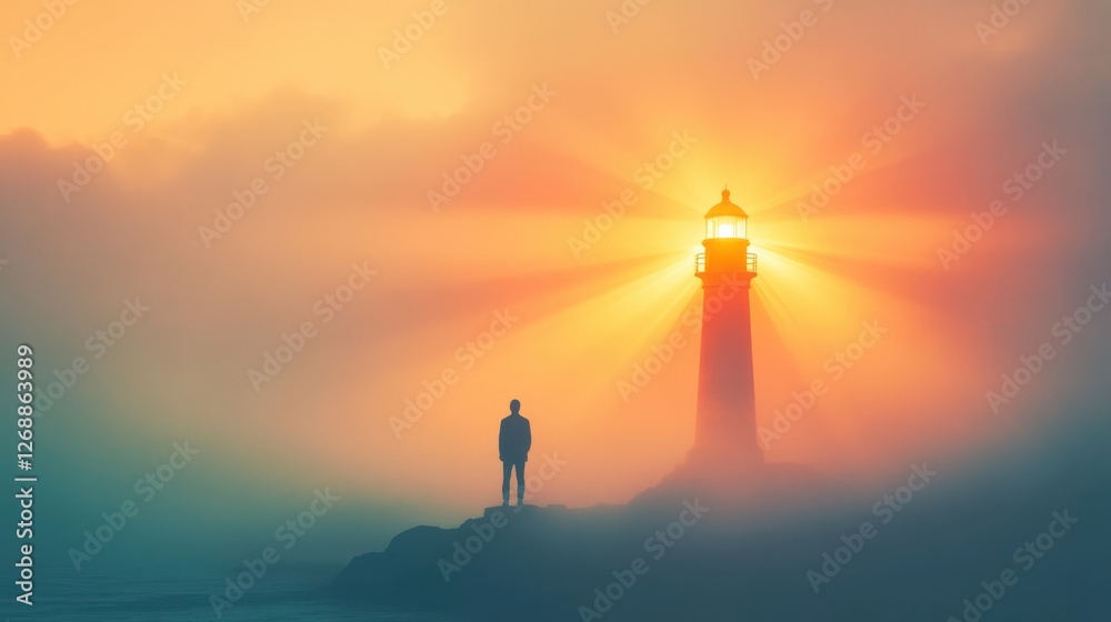 Poster man standing near a glowing lighthouse as sunlight breaks through foggy atmosphere at dawn