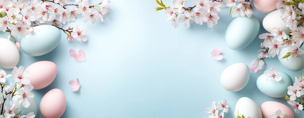 Pastel Easter Eggs with cherry blossoms arranged on a light blue background