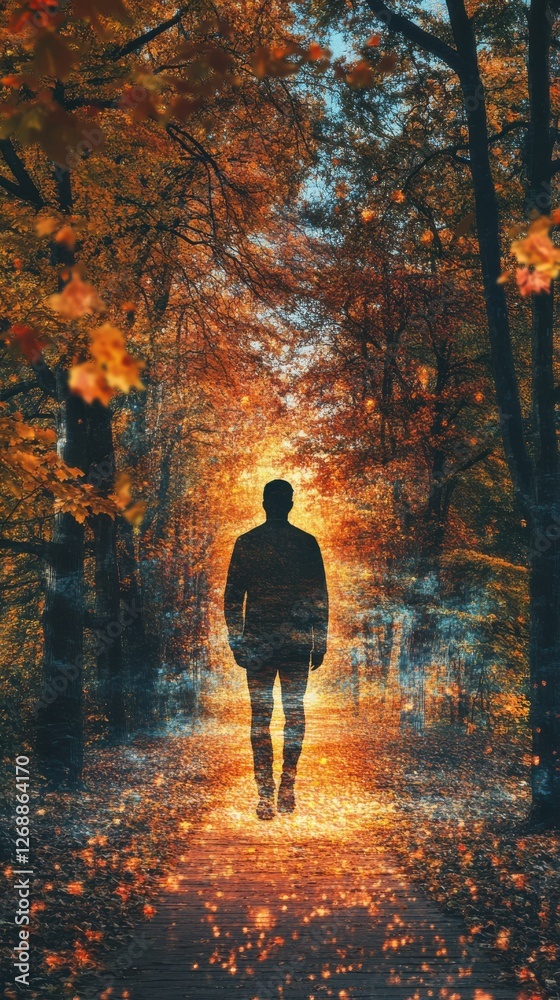 Aufkleber man glowing with light walking through a vibrant autumn forest pathway surrounded by colorful leaves